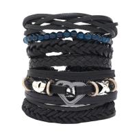 PU Leder Armband-Set, mit Glasperlen & Kuhhaut & Wachsschnur & Verkupferter Kunststoff & Zinklegierung, 6 Stück & Modeschmuck & unisex, schwarz, Länge ca. 17-18 cm, verkauft von setzen