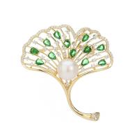 Cubic Zirconia Broche, metal, con Perlas plásticas, hoja del Ginkgo, chapado en color dorado, para mujer & con circonia cúbica, verde, libre de níquel, plomo & cadmio, 48x44mm, Vendido por UD