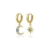 Cubic Zirconia micro pavimenta Sterling Silver Earring, 925 argento sterlina, Luna e Stella, placcato color oro, Micro spianare cubic zirconia & per la donna, 19.50mm, Venduto da coppia