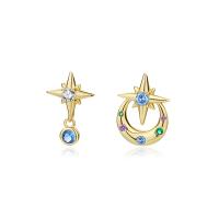 Boucles d'oreilles asymétriques, argent sterling 925, Placage de couleur d'or, pavé de micro zircon & pour femme, multicolore, 14mm,13.5mm, Vendu par paire