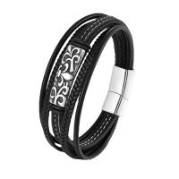 PU Armband, met 304 roestvrij staal, oog, multilayer & voor de mens, zwart, Lengte Ca 8.46 inch, Verkocht door PC