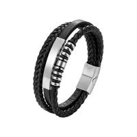 Cuero de PU Pulsera, con acero inoxidable 304, multicapa & para hombre, Negro, longitud aproximado 8.46 Inch, Vendido por UD