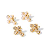 Roestvrij staal Stud Earrings, 304 roestvrij staal, met Plastic Pearl, Oversteken, mode sieraden & verschillende stijlen voor de keuze & micro pave zirconia & voor vrouw, gouden, 10x13mm, Verkocht door pair