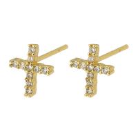 Cubic Zirconia Micro Pave Latão Brinco, cobre, Cruz, cromado de cor dourada, joias de moda & micro pavimento em zircônia cúbica & para mulher, dourado, 11x5x14mm, 10Pairs/Lot, vendido por Lot