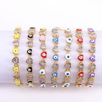 Bracelet Evil Eye bijoux, laiton, coeur, Plaqué or 18K, pavé de micro zircon & pour femme & émail, plus de couleurs à choisir, protéger l'environnement, sans nickel, plomb et cadmium, Longueur 7.1 pouce, Vendu par PC