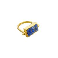 Bague en laiton, avec Lapis lazuli & oeil de tigre, rectangle, Plaqué d'or 18K, unisexe, plus de couleurs à choisir, protéger l'environnement, sans nickel, plomb et cadmium, 15.80x10mm, Taille:5, Vendu par PC