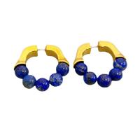 Boucles d'oreilles en pierres précieuses, laiton, avec Lapis lazuli & perle & oeil de tigre, Plaqué d'or 18K, pour femme, plus de couleurs à choisir, protéger l'environnement, sans nickel, plomb et cadmium, 32x34mm, Vendu par paire