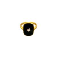 Messing fingerring, Square, 18K forgyldt, Justerbar & for kvinde & emalje & med rhinestone, sort, nikkel, bly & cadmium fri, Indvendig diameter:Ca. 17mm, Solgt af PC