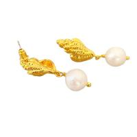 Pendientes de Gota en Latón, metal, con Perlas cultivadas de agua dulce, Concha, chapado en oro de 18 K, para mujer, Blanco, libre de níquel, plomo & cadmio, 29.50mm, Vendido por Par