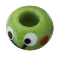 Handgemaakte Lampwork Beads, Rond plat, DIY, groen, 14x14x9mm, Verkocht door PC