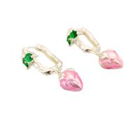 Boucles d'oreilles pendantes en laiton, Flower Bud, Placage de couleur argentée, pour femme & émail & avec strass, rose, protéger l'environnement, sans nickel, plomb et cadmium, 15.60x37.90mm, Vendu par paire