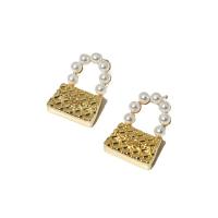 Messing oorbelknoppen, Handtas, gold plated, voor vrouw & met kunststof parel, goud, 27mm, Verkocht door pair