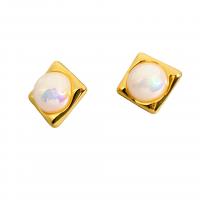 Brass Stud Earring with Plastic Pearl Square 18K gold plated for woman white nickel lead & cadmium free Sold By Pair