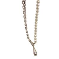 Kunststof parel ketting, Messing, met Plastic Pearl, Traan, geplatineerd, voor vrouw, wit, nikkel, lood en cadmium vrij, Lengte Ca 45 cm, Verkocht door PC