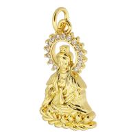 Messing hanger met micro-paved kubieke zirconia's, Guanyin, gold plated, DIY & micro pave zirconia, gouden, nikkel, lood en cadmium vrij, 13x23x4mm, Gat:Ca 3mm, Verkocht door PC