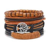 Cowhide Bracelet with PU Leather & Wax Cord & Wood & Zinc Alloy polished 4 pieces & fashion jewelry & Unisex brown 180mm Sold By Set