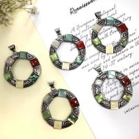 Gemstone Vedhæng Smykker, Zinc Alloy, med Ædelsten & White Shell & Abalone Shell, Runde, antik sølv farve forgyldt, du kan DIY, flere farver til valg, 47x47mm, Solgt af PC