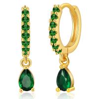 Boucles d'oreilles en laiton zircon cubique pavent, Plaqué or 18K, pavé de micro zircon & pour femme, vert, 21x4mm, Vendu par paire