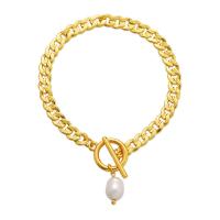 Messing Armbanden, met Plastic Pearl, 18K verguld, voor vrouw, Lengte Ca 6.69 inch, Verkocht door PC