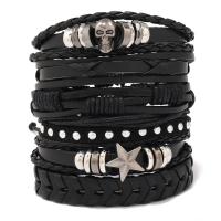 PU cavo bracciali, with corda in pelle di vitello & corda di cera & plastica rivestito in rame & lega in zinco, with 8-9cm extender chain, 6 pezzi & gioielli di moda & per la donna, nero, 17-18cm, Venduto da set