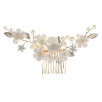 Bridal capelli decorativo Comb, lega in zinco, with filo di ottone & porcellana & perla in plastica, Fiore, placcato color oro, per la donna & con strass, dorato, assenza di nichel,piombo&cadmio, 130x65mm, Venduto da PC