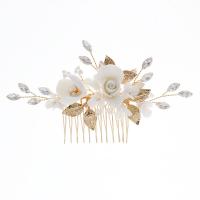 Cabelo nupcial decorativa Comb, liga de zinco, with arame de latão & argila de polímero, Flor, cromado de cor dourada, para mulher & com strass, dourado, níquel, chumbo e cádmio livre, 120x70mm, vendido por PC