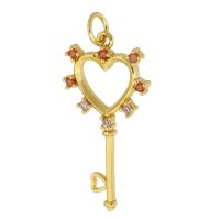 Messing hanger met micro-paved kubieke zirconia's, Sleutel, gold plated, DIY & micro pave zirconia & hol, gouden, nikkel, lood en cadmium vrij, 14x28x2mm, Gat:Ca 3.5mm, Verkocht door PC