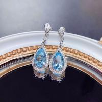 Boucles d'oreilles en laiton zircon cubique pavent, larme, Placage de couleur platine, pavé de micro zircon & pour femme, blue ciel, 12x26mm, Vendu par paire