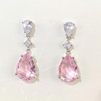 Boucles d'oreilles en laiton zircon cubique pavent, larme, Placage de couleur platine, pavé de micro zircon & pour femme, rose, 10x24mm, Vendu par paire