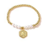 Messing Armbanden, met Plastic Pearl, gold plated, elastische & voor vrouw, goud, 170mm, Verkocht door PC