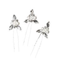 Palillos para el Cabello, aleación de zinc, con Perlas de plástico ABS, chapado en color de plata, Joyería & para mujer & con diamantes de imitación, plateado, 90x30mm, 3PCs/Grupo, Vendido por Grupo