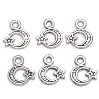 Pendants Sinc Alloy Gealach, Moon agus Star, dath airgid antique plátáilte, unisex, nicil, luaidhe & caidmiam saor in aisce, 8.50x9.50mm, Thart 100ríomhairí pearsanta/Mála, Díolta De réir Mála