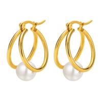 Rostfritt stål spaken bakåt Earring, 304 rostfritt stål, med Plast Pearl, mode smycken & för kvinna, gyllene, 22x24.70mm, Säljs av Par