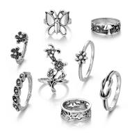 Cink Alloy Ring Set, Cink ötvözet, Virág, antik ezüst színű bevonattal, 8 darab & a nő, nikkel, ólom és kadmium mentes, Méret:5.5-9, Által értékesített Set