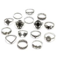 Cink Alloy Ring Set, Cink ötvözet, -val Kristály, Geometriai minta, ezüst színű bevonattal, 15 darab & a nő & megfeketedik, Méret:4-7, Által értékesített Set