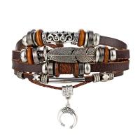 PU leder koord armbanden, Zinc Alloy, met Synthetisch leer & Hout, antiek zilver plated, mode sieraden & multilayer & voor de mens, 18mm, Lengte Ca 7.6-13 inch, Verkocht door PC