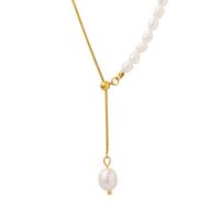 Colar de Pérolas de Água Doce Natural, Partículas de aço, with Pérolas de água doce, with 1.97 extender chain, cromado de cor dourada, para mulher, dourado, comprimento 18.11 inchaltura, vendido por PC