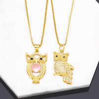 Collier en laiton, avec 5 chaînes de rallonge, hibou, Plaqué or 18K, styles différents pour le choix & pour femme & avec strass, 30x16mm, Longueur 45 cm, Vendu par PC