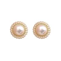 Zinek Stud náušnice, s Plastové Pearl, Kolo, barva pozlacený, pro ženy, 12mm, Prodáno By Pair