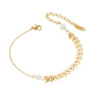 Pulseira de aço titânio, Partículas de aço, with Pérolas de plástico ABS, cromado de cor dourada, joias de moda & para mulher, dourado, comprimento 23.5 cm, vendido por PC