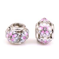 Perles strass de style European, alliage de zinc, Plat rond, Placage de couleur argentée, DIY & émail & avec strass, rose, protéger l'environnement, sans nickel, plomb et cadmium, 9x14mm, Environ 100PC/sac, Vendu par sac