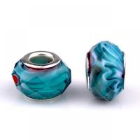 Lampwork Kralen European, met Ijzer, Rond plat, silver plated, DIY, blauw, 9x14mm, Ca 100pC's/Bag, Verkocht door Bag