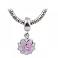 European stile Zinc Alloy pendenti, lega in zinco, Fiore, placcato color argento, unisex & smalto & con strass, rosa, assenza di nichel,piombo&cadmio, 12x28mm, Appross. 100PC/borsa, Venduto da borsa