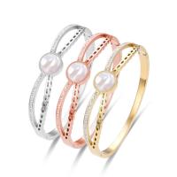 Bracelet d'acier titane, avec coquille blanche, Plat rond, bijoux de mode & pour femme & avec strass, plus de couleurs à choisir, 12mm, Diamètre intérieur:Environ 50x60mm, Vendu par PC