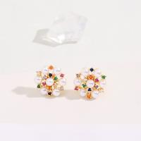 Boucles d'oreilles en laiton zircon cubique pavent, avec perle de plastique, Plaqué d'or, pavé de micro zircon & pour femme, 15mm, Vendu par paire