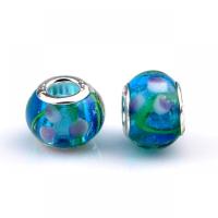 Χάντρες Lampwork European στυλ, Γυάλινα, με Σίδερο, Φανός, χρώμα επάργυρα, DIY, μπλε, 9x14mm, Περίπου 100PCs/τσάντα, Sold Με τσάντα