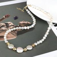 Slatkovodni Pearl Brass Chain Ogrlica, s Mesing, s 1.97 Produžetak lanac, zlatna boja pozlaćen, za žene, bijel, Dužina 14.96 inčni, Prodano By PC