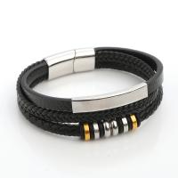 Pulseiras de fio de PU, Microfiber PU, with Aço inoxidável 316L, joias de moda & multicamada & para o homem, preto, níquel, chumbo e cádmio livre, comprimento 21 cm, vendido por PC