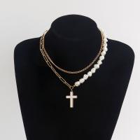 Collana Multi strato, lega in zinco, with Perle di plastica ABS & acrilico, Croce, placcato, Doppio strato & gioielli di moda & per la donna, nessuno, 30mm, Venduto per 42 cm filo