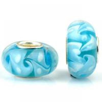 Χάντρες Lampwork European στυλ, Γυάλινα, με Σίδερο, Φανός, χρώμα επάργυρα, DIY, γαλάζιο, 9x14mm, Περίπου 100PCs/τσάντα, Sold Με τσάντα